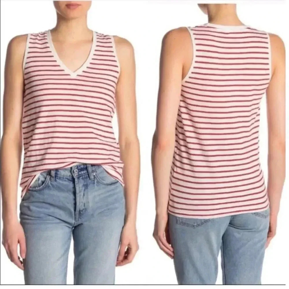NEW Madewell Women Size XS Red White Striped Theresa V-Neck Sleeveless Top